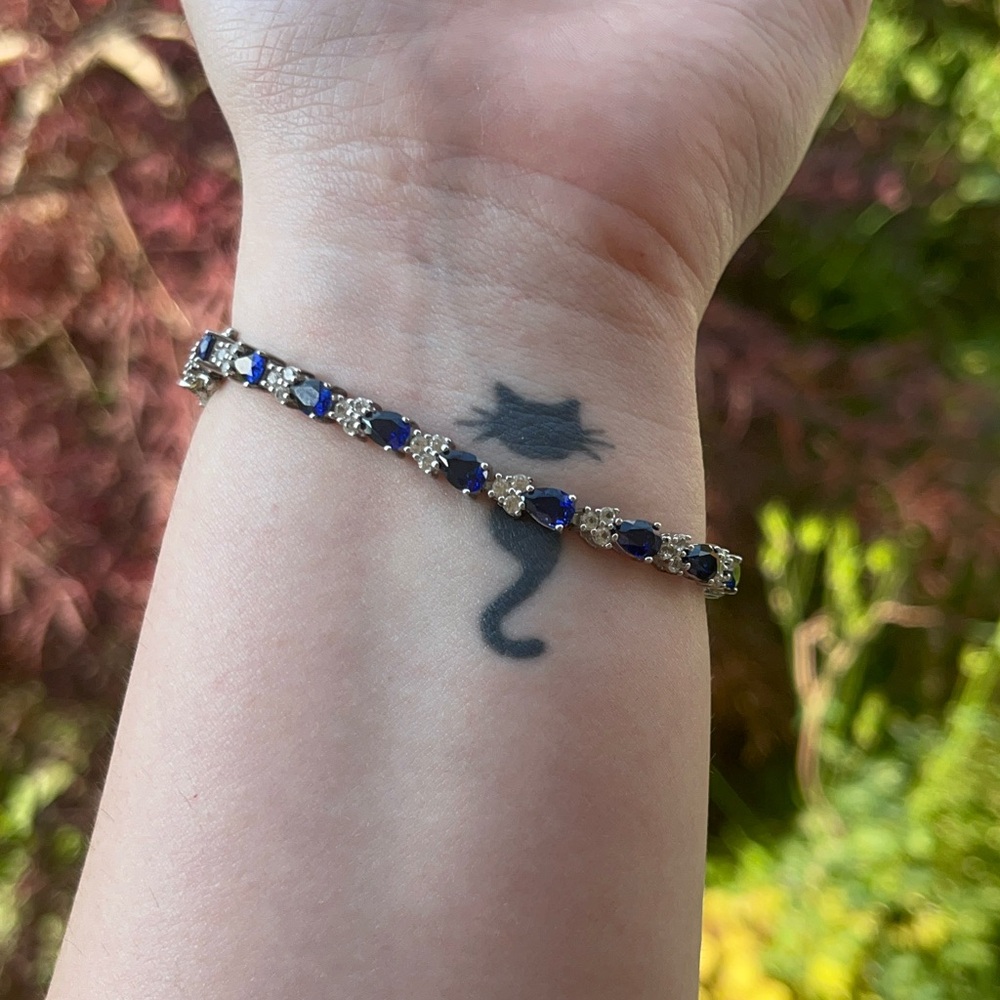 ZALES | Pear-Shaped Blue and White Sapphire Trios Bracelet in Sterling Silver - Picture 4 of 8
